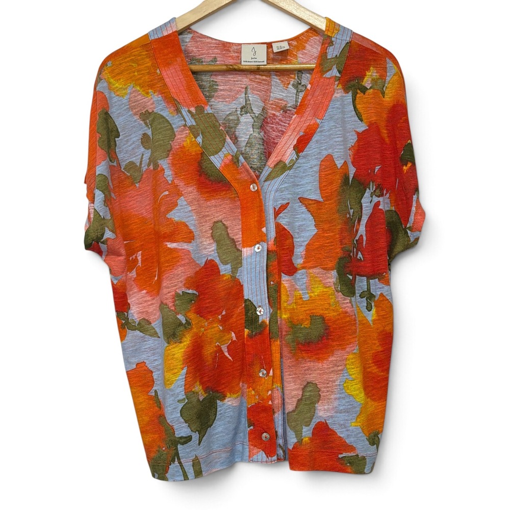 Joie Womens Orange Blue Floral Linen Blend Short Sleeve Cardigan V-Neck XL